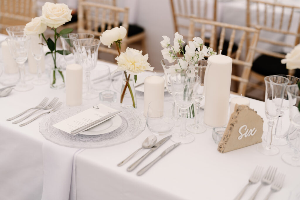 Elegant white wedding tablescape